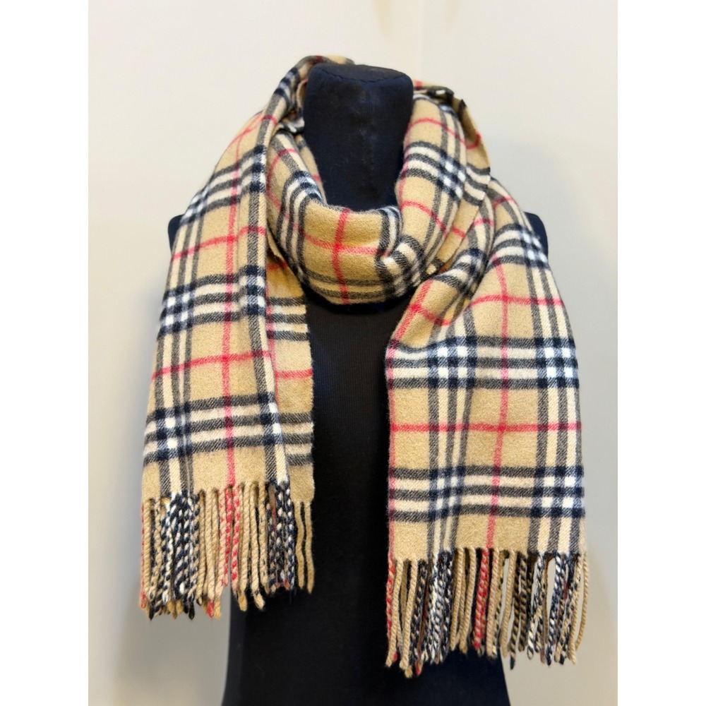 Burberry London Scarf Nova Check Camel 100% Lambswool Made in England Fringed